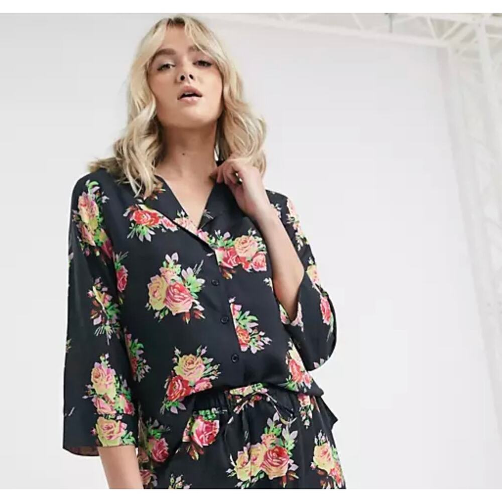 Asos‎ Black Floral Button Down Top Size 8